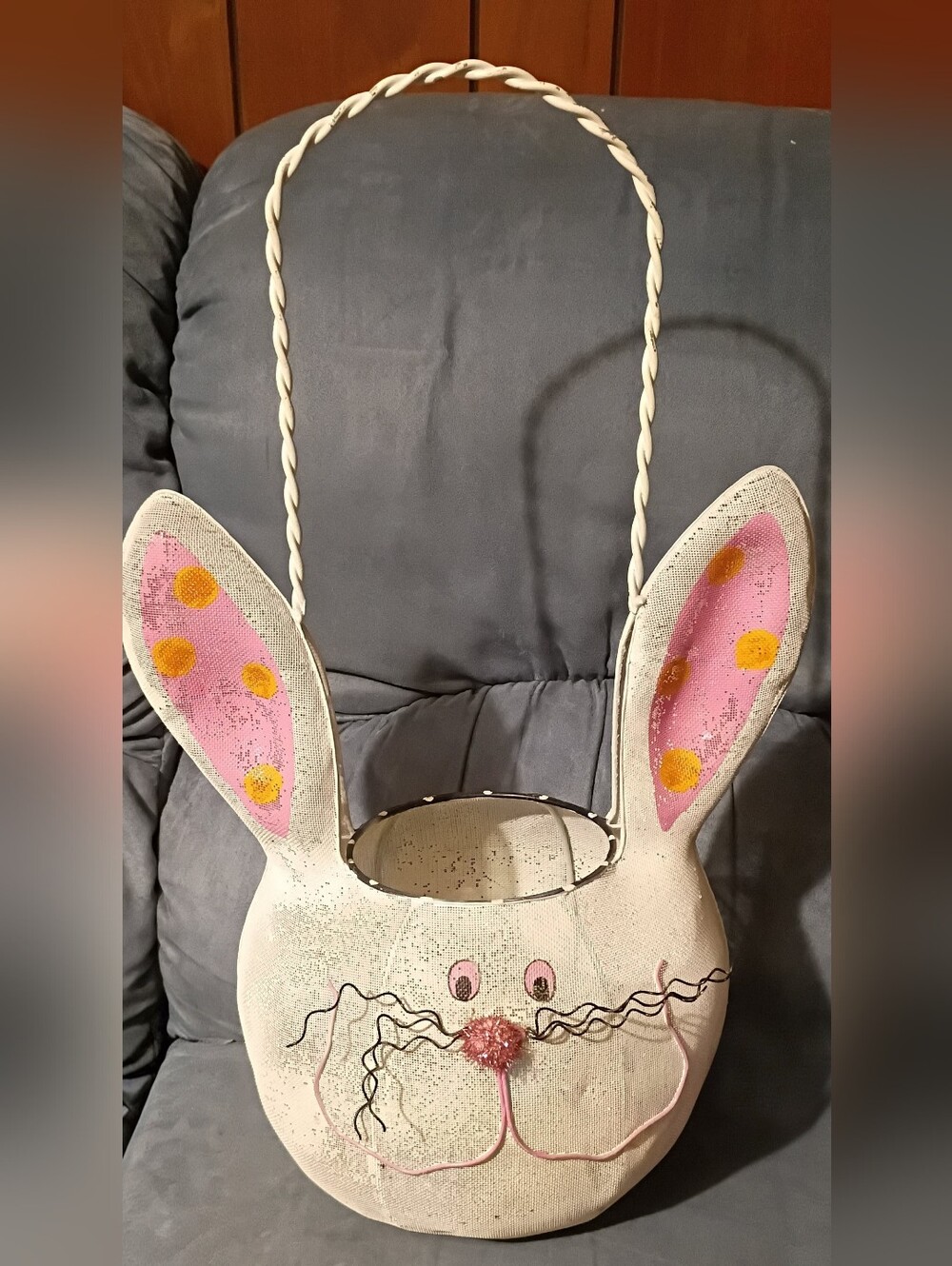 Metal Bunny Basket with Pink Polka Dot Ears And Easter Items
